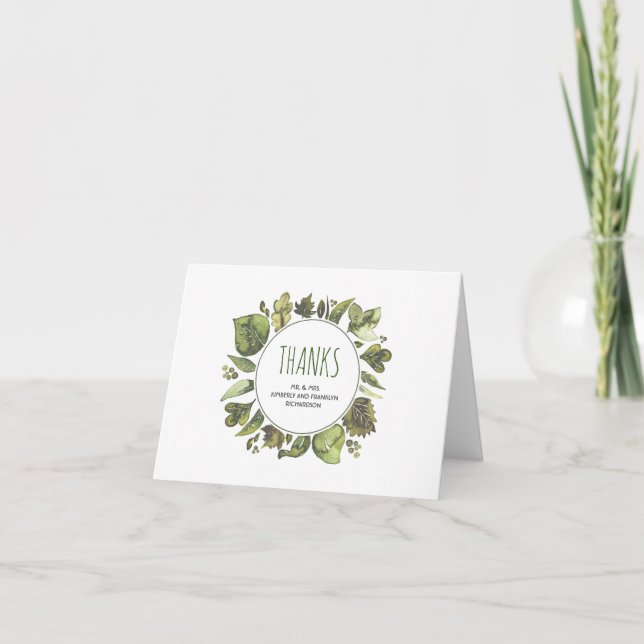 Watercolor Laurel Greenery Wedding Thank You (Front)
