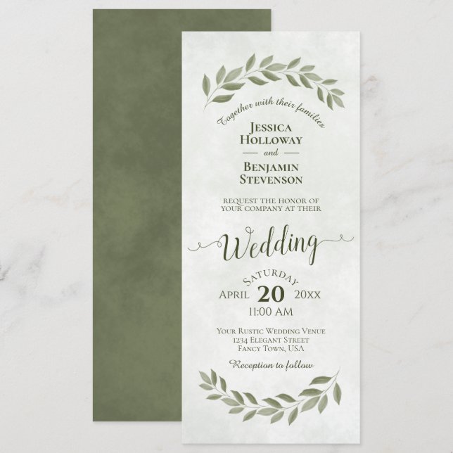 Watercolor Laurel Leaves Sage Green Wedding Invitation (Front/Back)