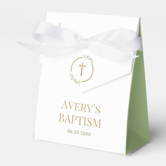Watercolor Laurel Wreath Gold Cross Baptism Favor Box (Front Side)