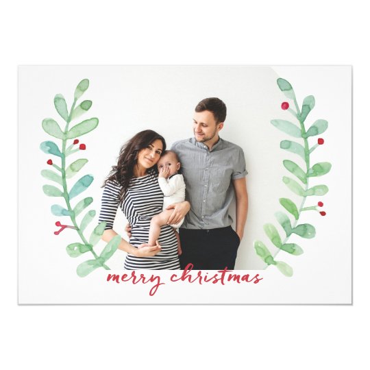 Watercolor Laurel Wreath Merry Christmas Photo Card