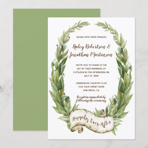 Watercolor Laurel Wreath Scroll Banner Wedding Invitation
