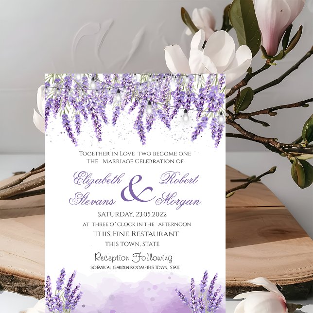 Watercolor Lavander Flowers String Lights Wedding Invitation (Creator Uploaded)