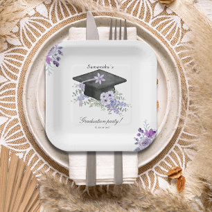 Watercolor Lavander Purple Floral Graduation Paper Plate