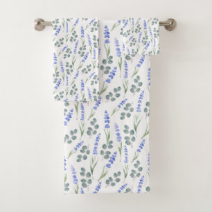 Watercolor Lavender and Eucalyptus Pattern Bath Towel Set