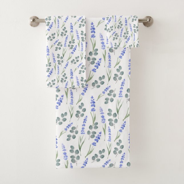 Watercolor Lavender and Eucalyptus Pattern Bath Towel Set (Insitu)