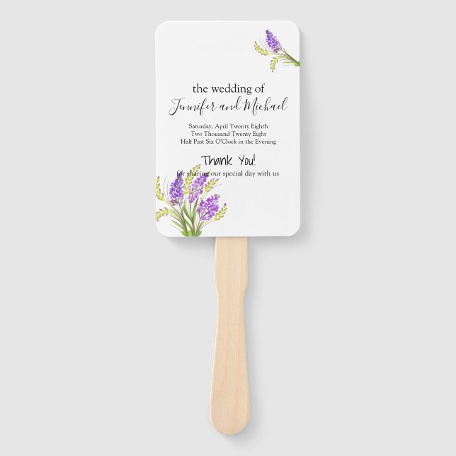 Watercolor Lavender and Green Florals Program Hand Fan (Front)