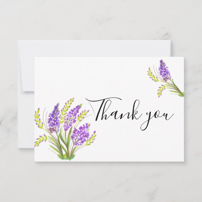 Watercolor Lavender and Green Florals Thank You Card (Front)