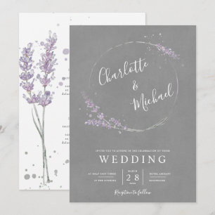 Watercolor lavender and grey wreath wedding invitation
