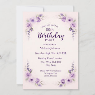 Watercolor Lavender Blush Rose 80th Birthday Invitation