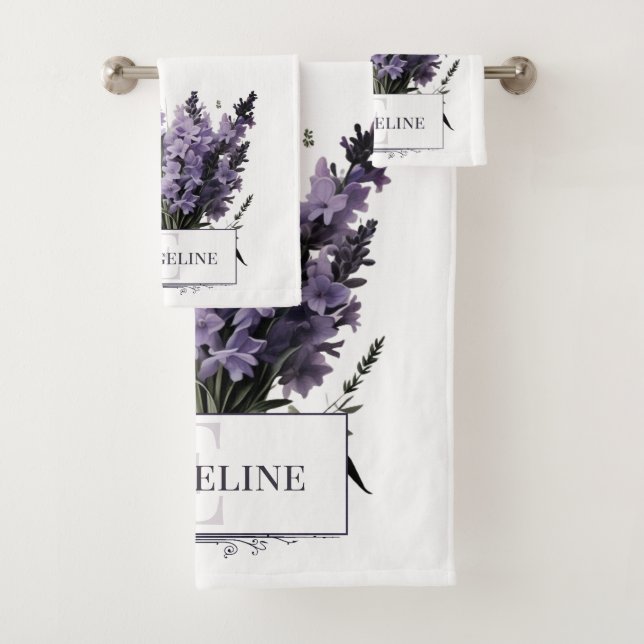 Watercolor Lavender Bouquet Personalized Bath Towel Set (Insitu)