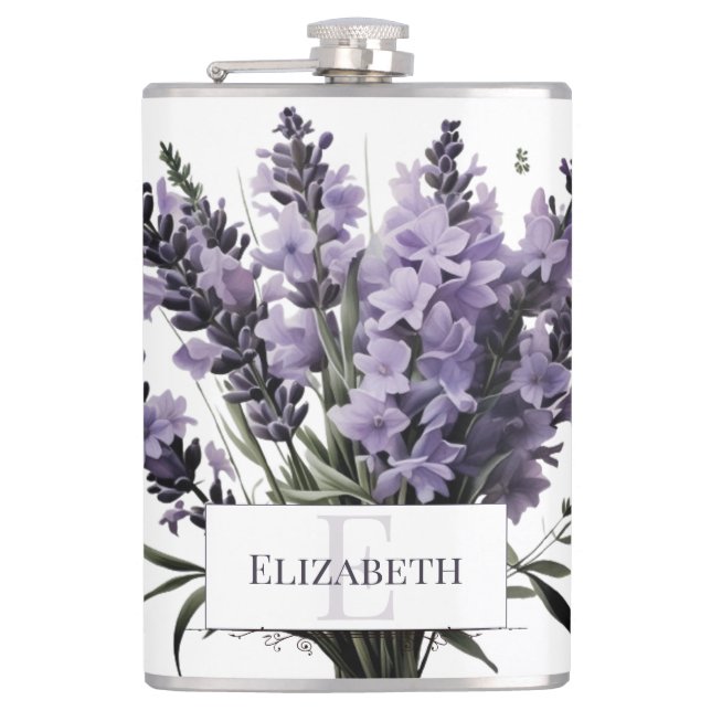 Watercolor Lavender Bouquet Personalized Hip Flask (Front)