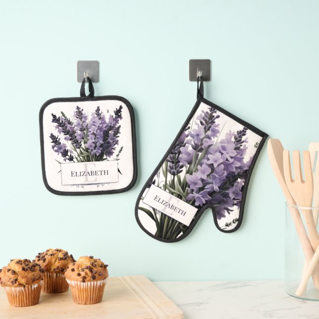 Watercolor Lavender Bouquet Personalized Oven Mitt & Pot Holder Set (Insitu(Hanging))