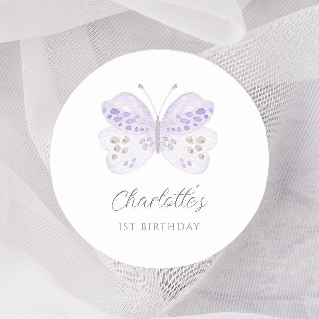 Watercolor Lavender Butterfly 1st Birthday Party Classic Round Sticker (Creator Uploaded)
