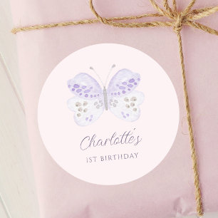 Watercolor Lavender Butterfly 1st Birthday Party Classic Round Sticker