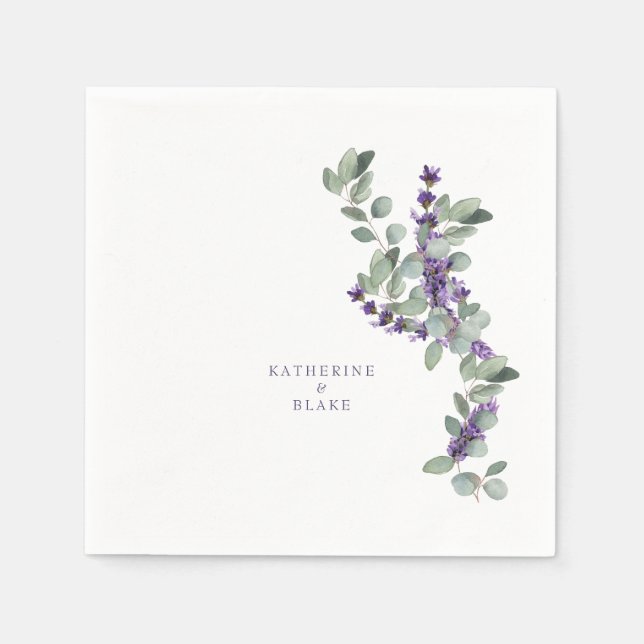 Watercolor Lavender & Eucalyptus Names Wedding  Napkin (Front)