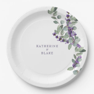 Watercolor Lavender & Eucalyptus Names Wedding Paper Plate
