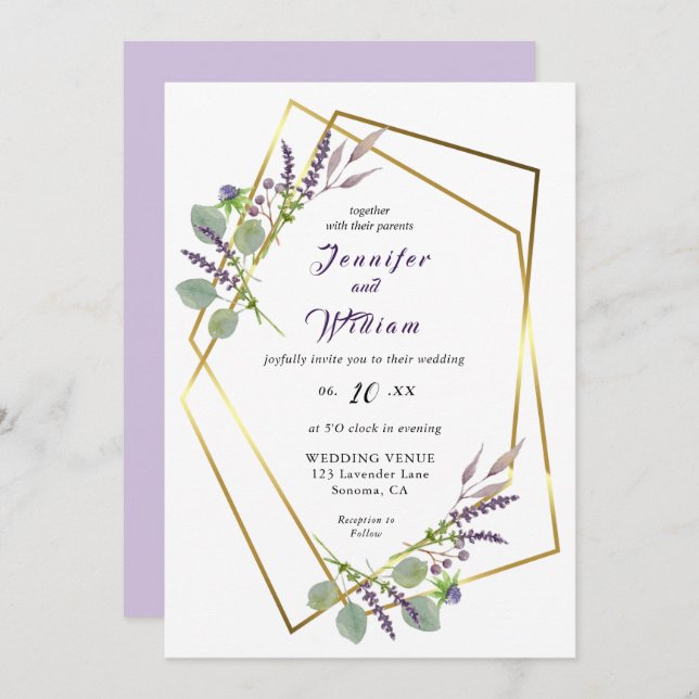 Watercolor Lavender, Eucalyptus wedding invitation (Front/Back)