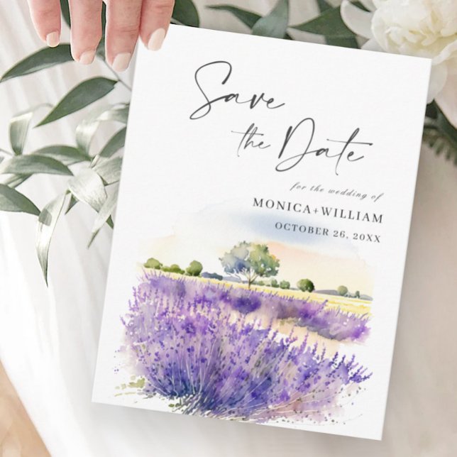 Watercolor Lavender Field Wedding Save the Date Postcard (Creator Uploaded)