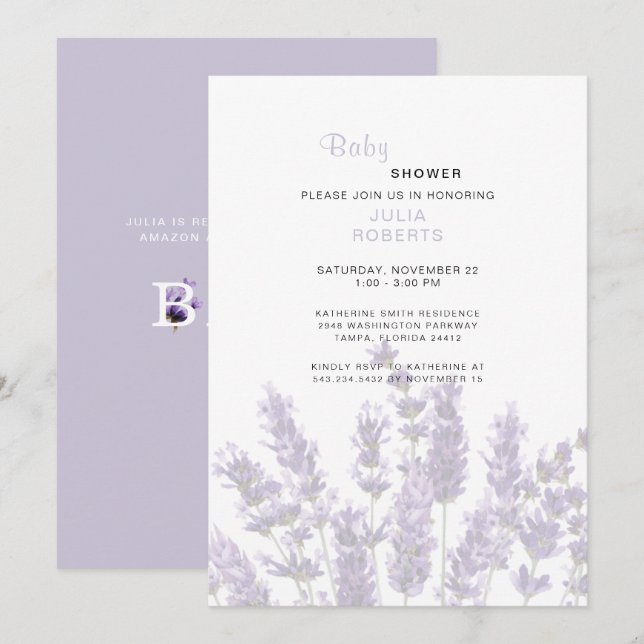 Watercolor Lavender Floral Baby Shower  Invitation (Front/Back)