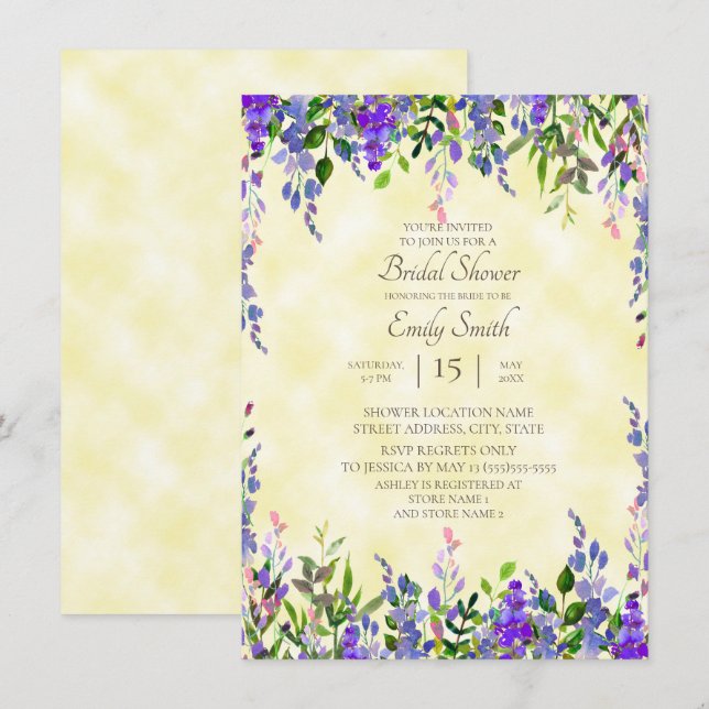 Watercolor Lavender Floral Yellow Bridal Shower Invitation (Front/Back)