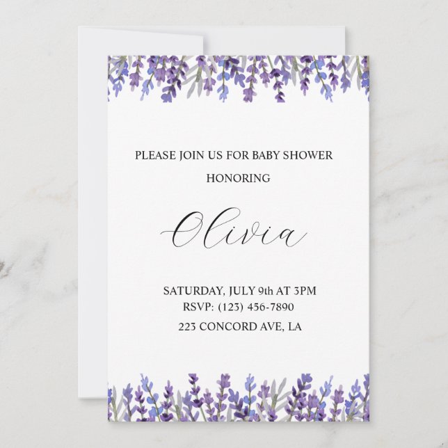 Watercolor Lavender Flower Baby Shower Invitation (Front)