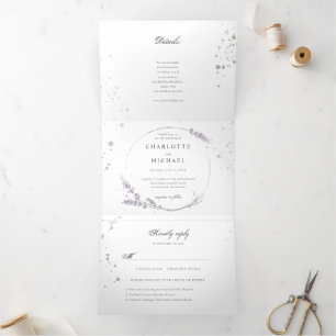 Watercolor Lavender flowers all in one wedding Tri-Fold Invitation