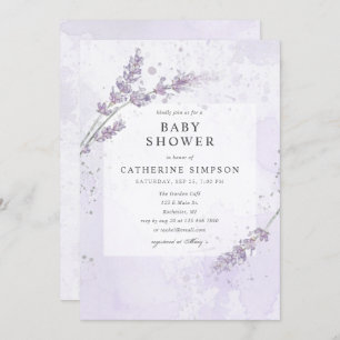 Watercolor lavender flowers baby shower invitation