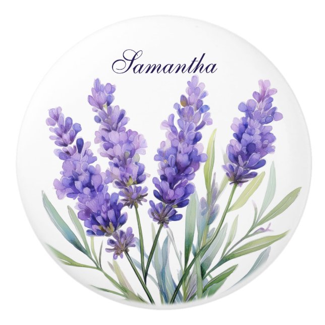 Watercolor Lavender Flowers Ceramic Knob (Front)