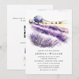 Watercolor Lavender Flowers Field Wedding QR code Invitation