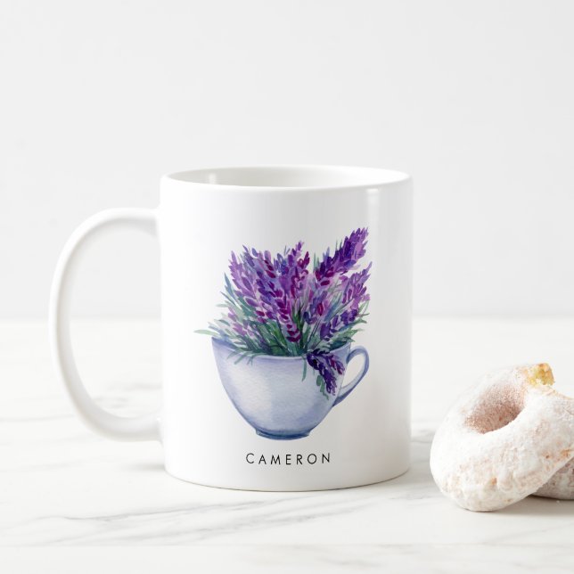 Watercolor Lavender Flowers in Teacup Personalized Coffee Mug (With Donut)