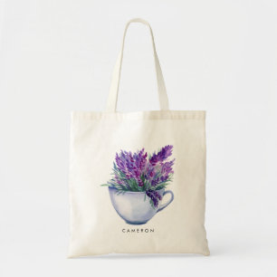 Watercolor Lavender Flowers in Teacup Personalized Tote Bag