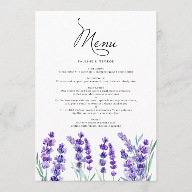 Watercolor Lavender Flowers Spring Wedding Menu (Front)