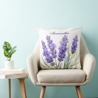 Watercolor Lavender Flowers Throw Pillow