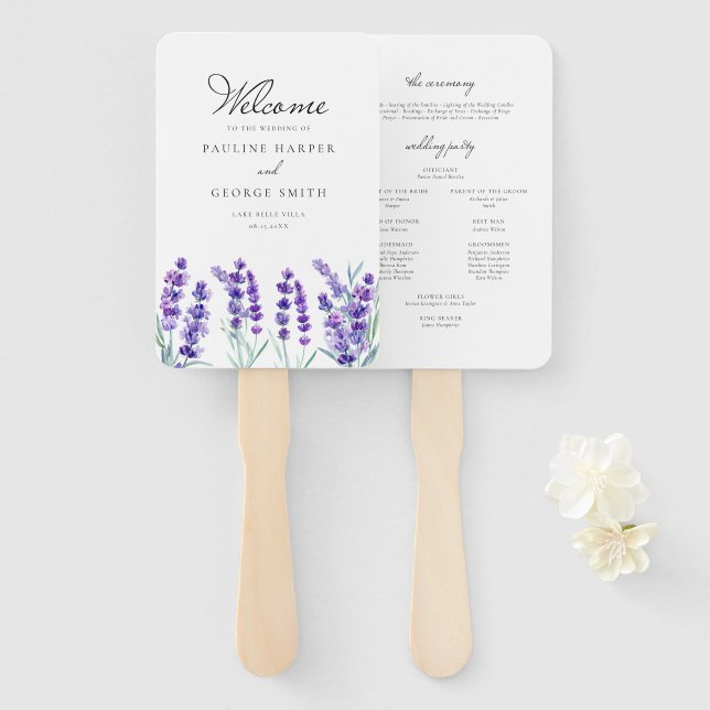 Watercolor Lavender Flowers Wedding Program Hand Fan (Front and Back)