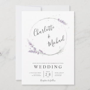 Watercolor lavender flowers wreath wedding invitation