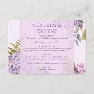 Watercolor Lavender Hydrangea Fern Leaves Wedding Enclosure Card