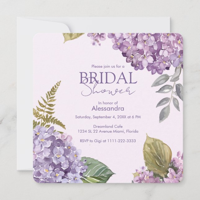 Watercolor Lavender Hydrangea Flower Bridal Shower Invitation (Front)