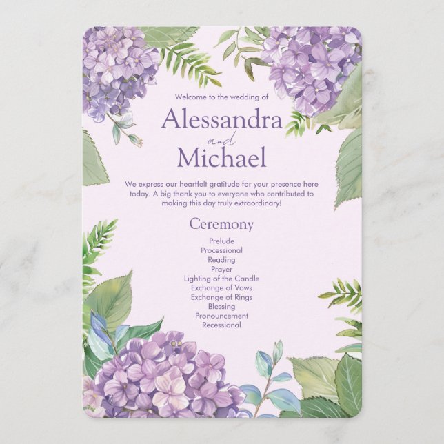 Watercolor Lavender Hydrangea Flowers Fern Wedding Program (Front)