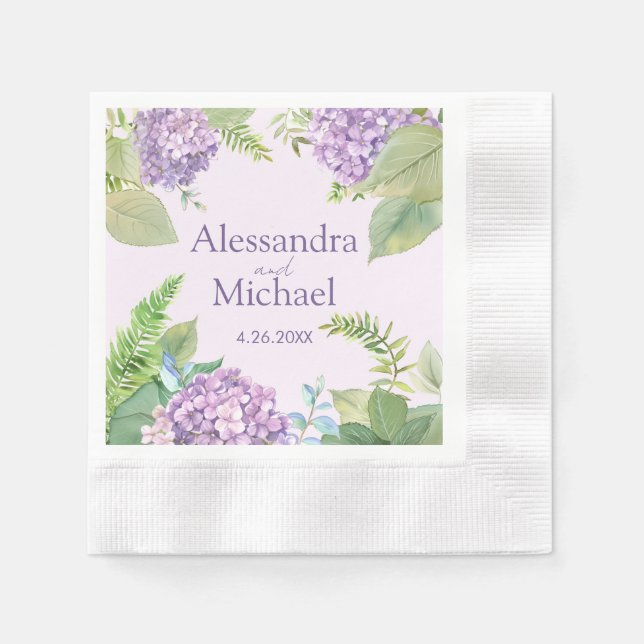Watercolor Lavender Hydrangea Flowers Wedding Napkin (Front)