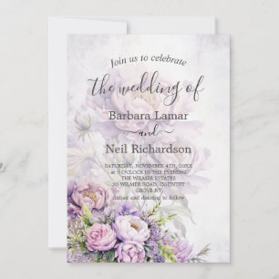Watercolor Lavender Peony Photo QR Code Wedding Invitation