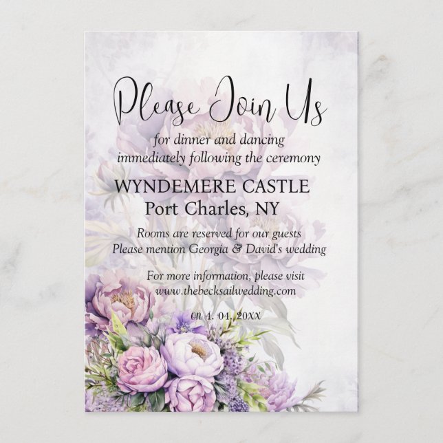Watercolor Lavender Peony QR Code Wedding Enclosure Card (Front)