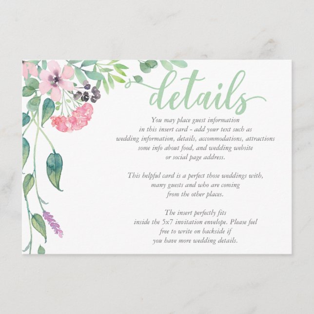 Watercolor Lavender Peony  Wedding DETAILS Card (Front)