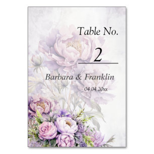 Watercolor Lavender Peony Wedding Table Number