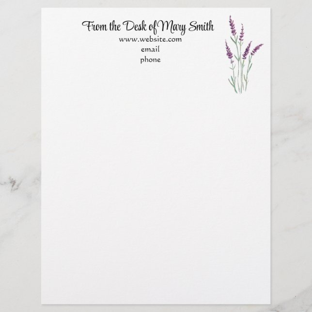 Watercolor Lavender Personalized Letterhead (Front)