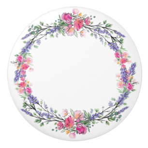 Watercolor Lavender Pink Wild Rose and Eucalyptus Ceramic Knob