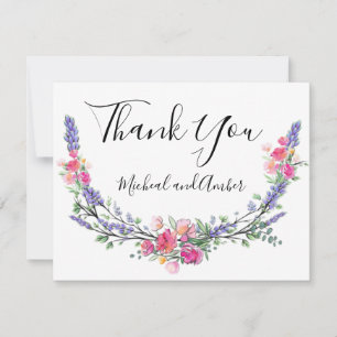 Watercolor Lavender Pink Wild Rose and Eucalyptus Thank You Card