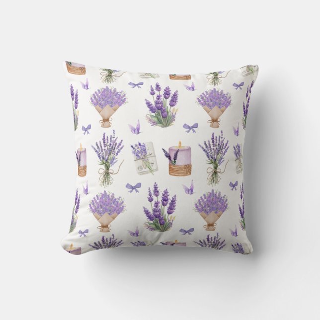 Watercolor Lavender Print Pattern Throw Pillow (Front)