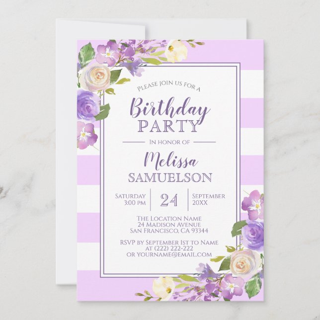 Watercolor Lavender Purple Floral BIRTHDAY PARTY Invitation (Front)