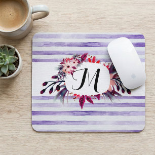 Watercolor Lavender Purple Stripes Floral Frame Mouse Pad