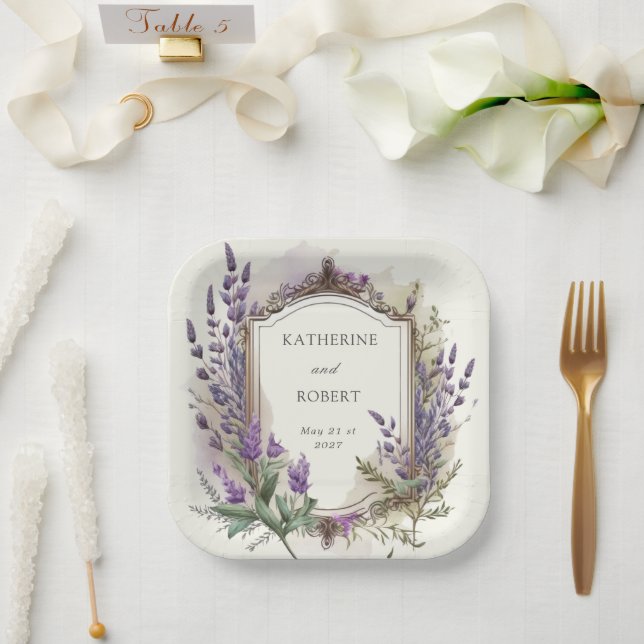 Watercolor Lavender Regal Monogram Wedding Paper Plate (Wedding)